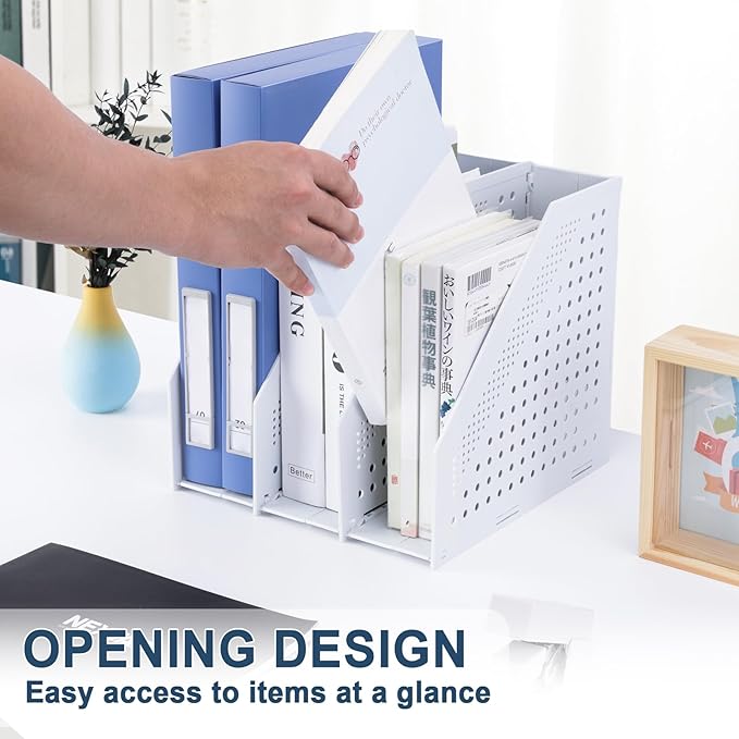 FRETONBA Collapsible Magazine File Holder with 3 Vertical Compartments Foldable Binder Holder for Desk Binder Storage Organizer Plastic Magazine Holders for Shelf, Light Gray