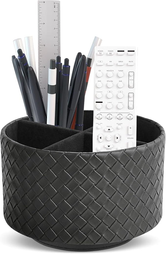 Round Leather Art Supply Organizer,Remote Control Holder,360 Degree Spinning,Multi-Functional Pencil Holder,4 Compartments Desktop Stationary Organizer(1-Weave Black)