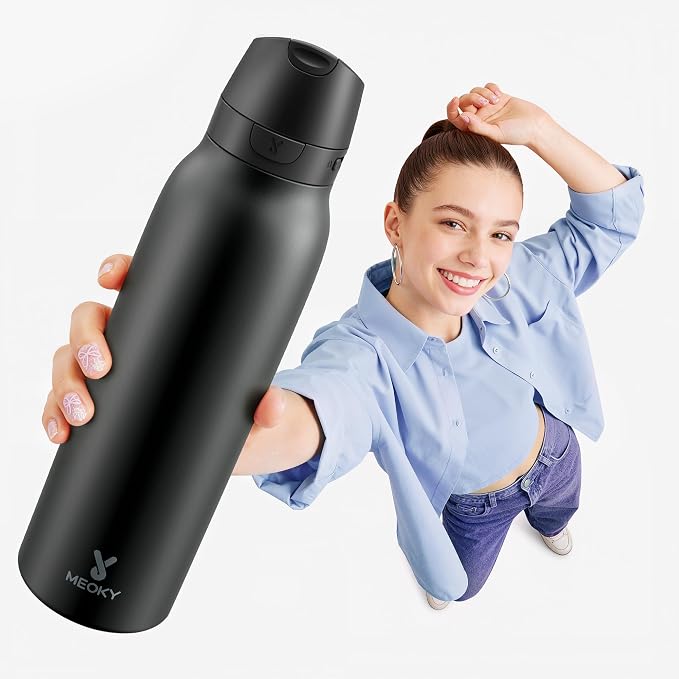 Meoky 24 oz Slim Insulated Water Bottle: 2-in-1 Locking Lid, Night | Leak Proof, Straw and Spout, 24 Hours Cold, Top Handle, BPA Free, Stainless Steel Water Bottle for Men Sports Travel Gym