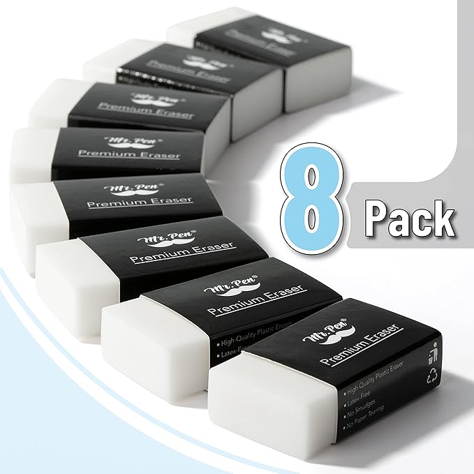 Mr. Pen- White Pencil Eraser, 8 Pack, Large Latex Free Block Erasers for School, Office, Art Sketching, Homework, Exams, Clean Smudge-Free Correction