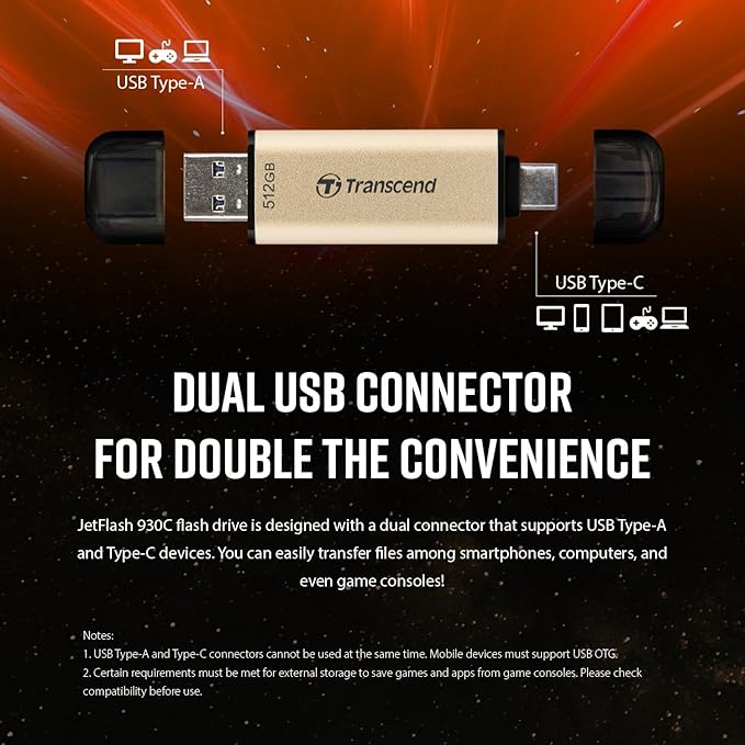 Transcend JF930 512GB Dual USB C Flash Drive for iPhone/iPad/Mac/Windows, Android/Tablet/PC/Gaming Console, Photo Stick Up to 420MB/s, USB 3.2 Thumb Drive, Memory Stick with 2-in-1 Type C &Type A