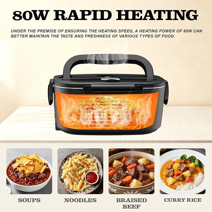 Buddew Electric Heated Lunch Box, 80W Fast Heating, 1.5L Food-Grade 304 Stainless Steel, 12V/24V/110V Portable Food Warmer for Car Truck Office Adults, Lonchera Electrica Portatil (Black)