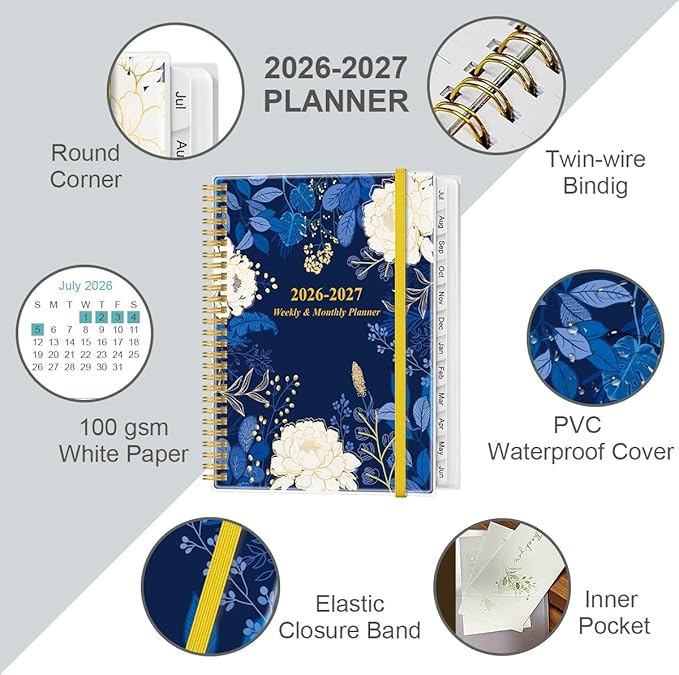 2026-2027 Planner - Weekly Monthly Planner 2026-2027 from July 2026 to June 2027 with 12 Monthly Tabs, Flexible Cover, Inner Pocket, 8.5" x 11", Blue Leaf Flower