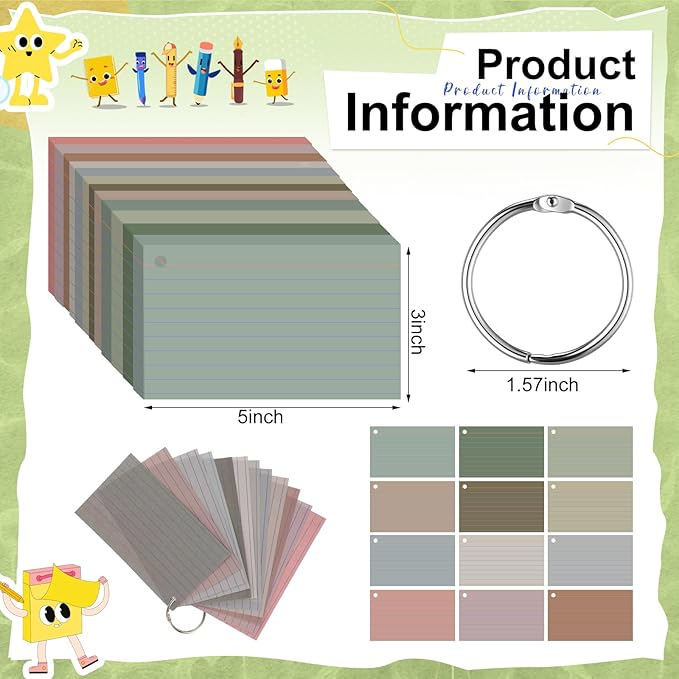 12 Pack Colored Index Cards with Key Ring 3 x 5 Inch 1800 Count Portable Flash Cards College Ruled Lined Flashcards Notepad Aesthetic Notecards for Note Taking Learning Office(Morandi Color)