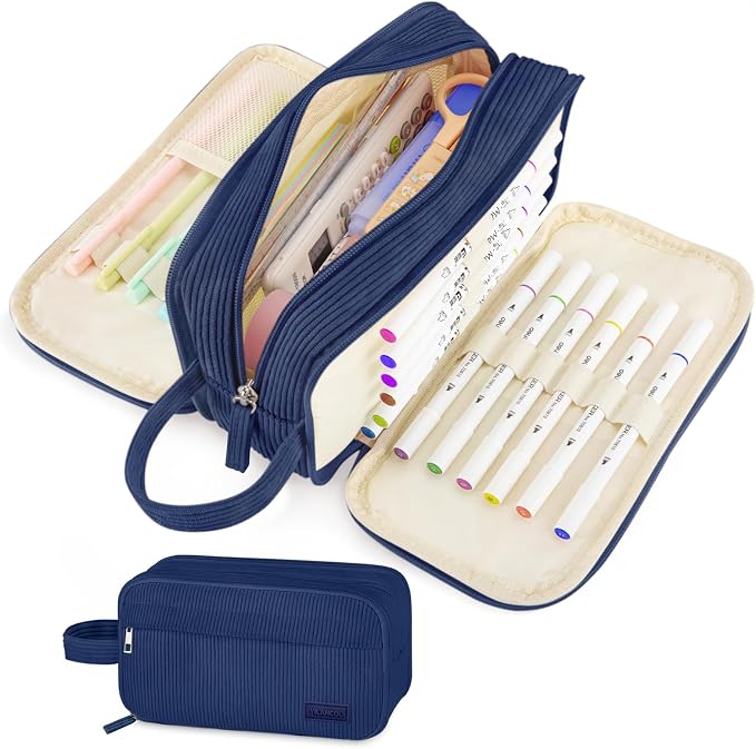 Cute Big Pencil Case Pouch Bag with Handle for Teen Girls Boy Gift | Large 4 Compartment Multiple Pockets Corduroy Aesthetic Pen Bag Pouch Organizer for School College Supplies,Navy Blue