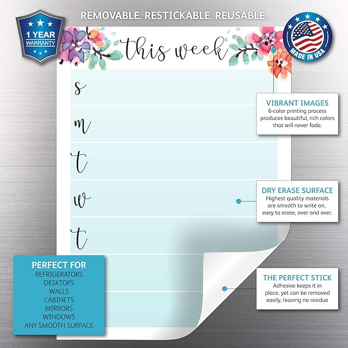 Dry Erase Weekly Calendar Planner Sticker Decal | Removable & Reusable | Magnetic Fine-Tip Marker Included (9 x 12 inches, Floral)