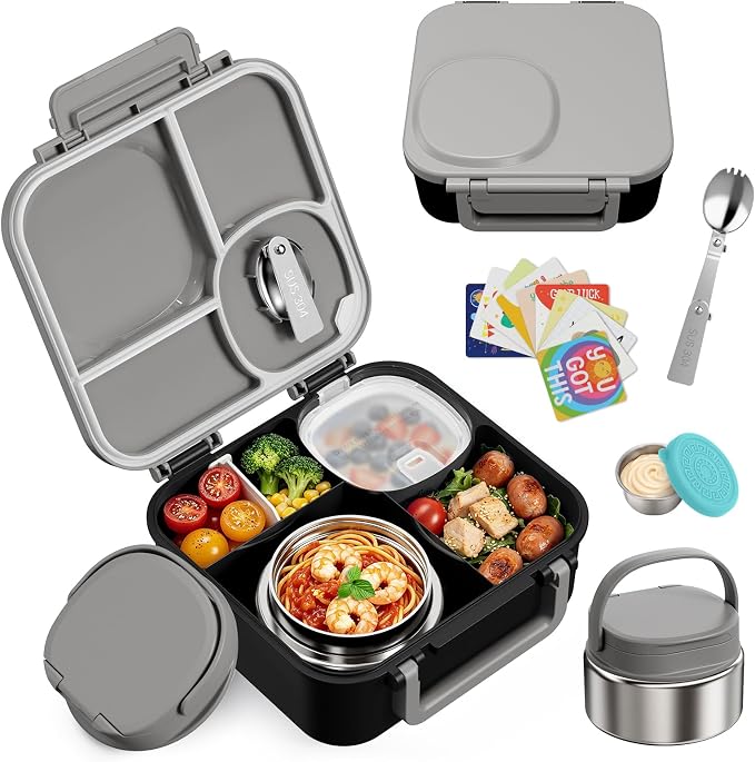 wiwens Kids Bento Lunch Box with Soup Thermo Food Lunch Container for Kid | 4 Compartment Leak-Proof Kids Lunch Box,9oz Stainless Steel Insulated Hot Food Jar,for Boys Girls Toddler to School Travel