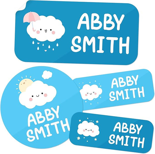 Personalized Daycare Name Labels for Kids, (130 Pack) Waterproof Custom Name Stickers for Clothing Tags, Lunch Boxes and School Supplies, Made in USA by MSC -Clouds