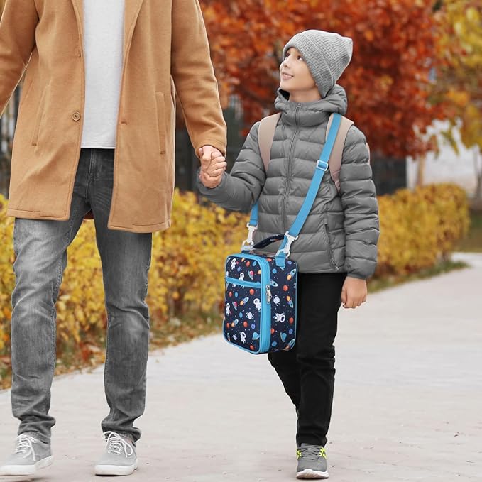 Bagseri Kids Lunch Bag with Shoulder Strap - Insulated Crossbody Boys Lunch Box for School & Travel, Reusable Large Meal Tote with Bottle Holder, Fits Bento Box, Navy Space