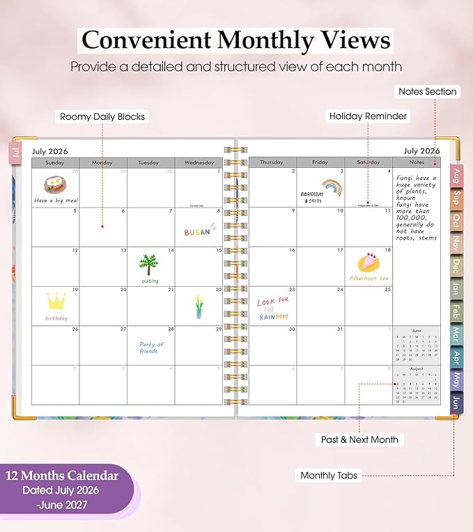 Academic Planner 2026-2027, Hardcover Leather Weekly and Monthly Calendar Planner from July 2026 - June 2027, A4 8.5" x 11" Daily Agenda with Tabs, College School Organizer for Student Teacher, Butterflies in the Blooms