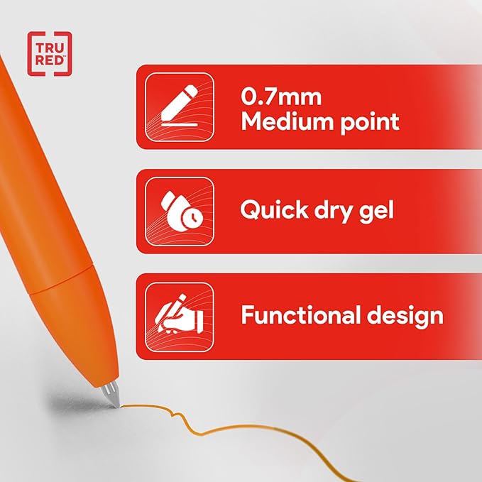 TRU RED Retractable Gel Pens, Medium Point 0.7mm, Assorted Ink Colors, 12 Pack – Quick‑Dry Pens for Smear‑Free Writing