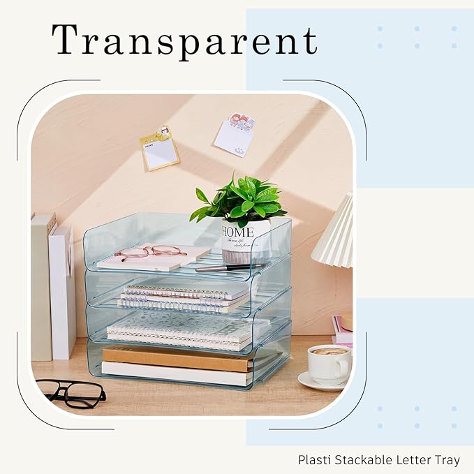 Harloon 4 Tier Clear Blue Acrylic Paper Organizer Letter Tray, Aesthetic Stackable Desk File Organizer Paper Holder Office Tray for A4, Modern Classroom Office Home File Pad Books Notes