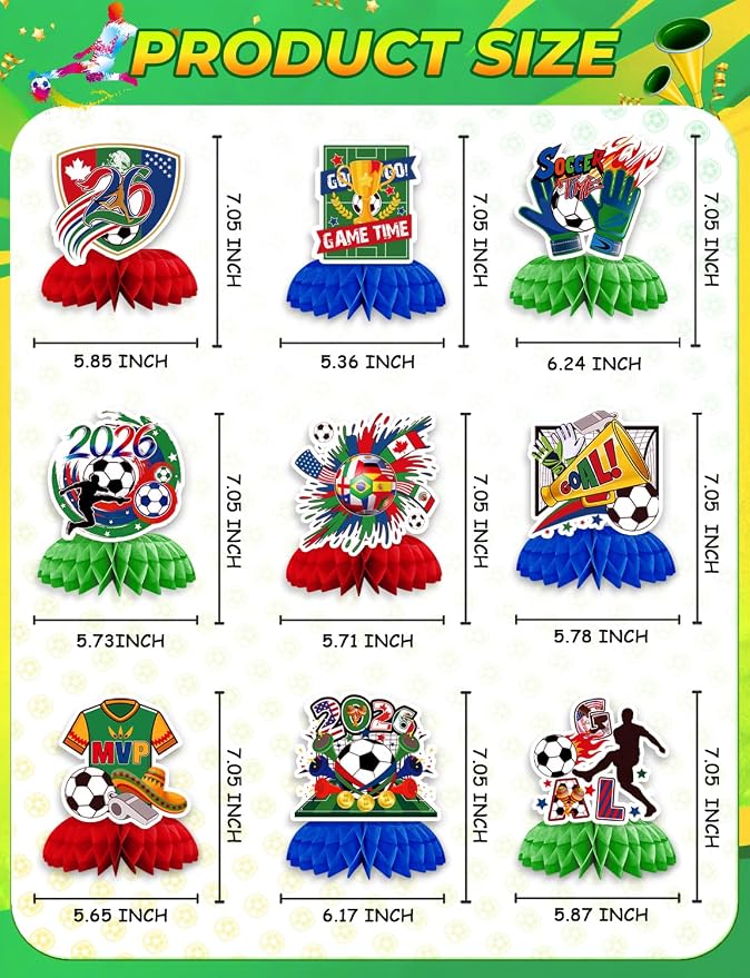 Soccer Table Decorations, 9PCS Soccer Centerpieces for Table, Green Red Blue Honeycomb Centerpieces, 3D Sports Themed Party Decorations for Game Day, Birthday & Sports Watch Party Supplies