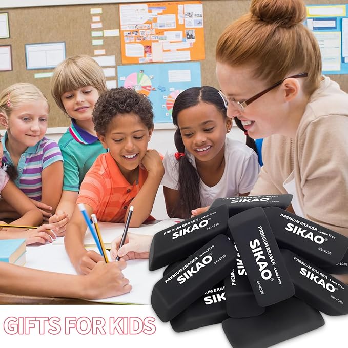 Black Erasers, 6 Pack Pencil Erasers for Kids – Latex-Free & Smudge-Free Beveled Rubber Erasers for School Supplies, Classroom, Office & Homework