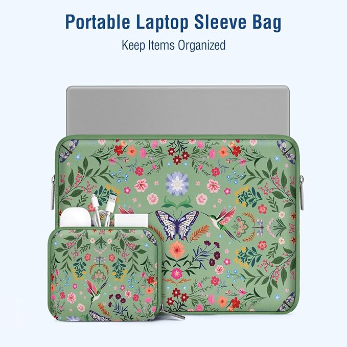 MOSISO Laptop Case 13.3 inch, 13-14 inch Laptop Sleeve Bag Compatible with MacBook Air/Pro 13/Pro 14, HP Dell ASUS Lenovo, Neoprene Hummingbird Plants Flowers Computer Bag with Small Case, Green