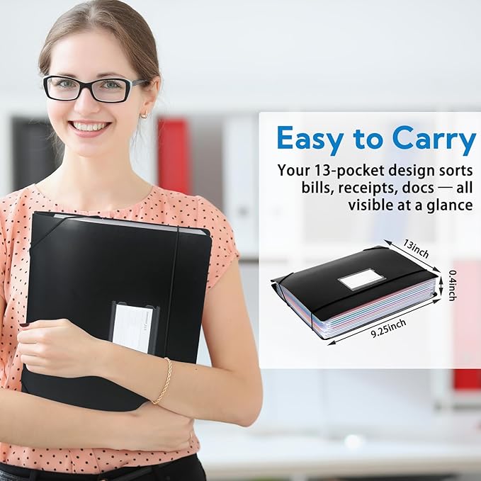 3 Pack Suspended Type Accordion File Organizer,13 Pockets Expanding File Folder,Important Large-Capacity Document Organizer with Blank Labels, for Enterprise, Office, Home Document Storage
