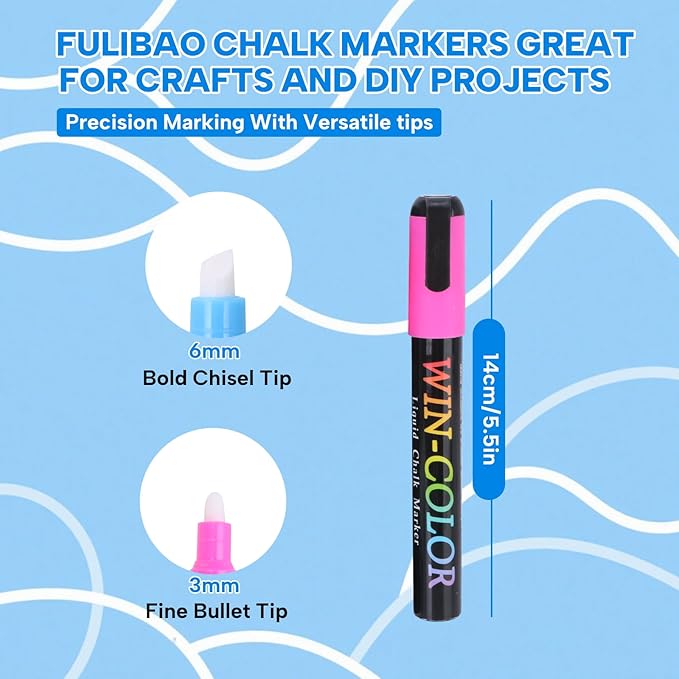 Liquid Chalk Markers Erasable,8 Colours Window Markers,6mm Reversible Tip,Zero Dust,Chalk Markers for Blackboards,Glass,Cars,Restaurant Menu