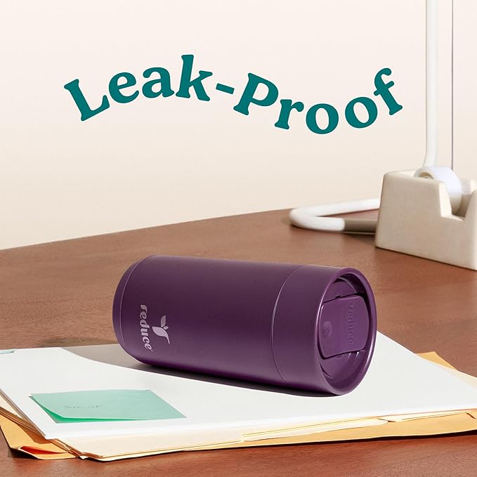 REDUCE Perk 10oz Insulated Coffee Tumbler – Leak-Proof with Lockable Lid and Vacuum Insulation–Durable Stainless Steel–Fits Car Cup Holders–One-Handed Travel Mug in Sand Leopard Print - Midnight Plum
