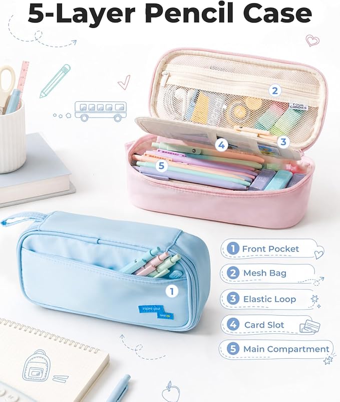 Four Candies Large Pencil Case, 5 Compartments Canvas Pen Organize | Big Capacity Pencil Pouch Bag for School Supplies, Portable Stationery Holder for Teen Girls Boy Men Women