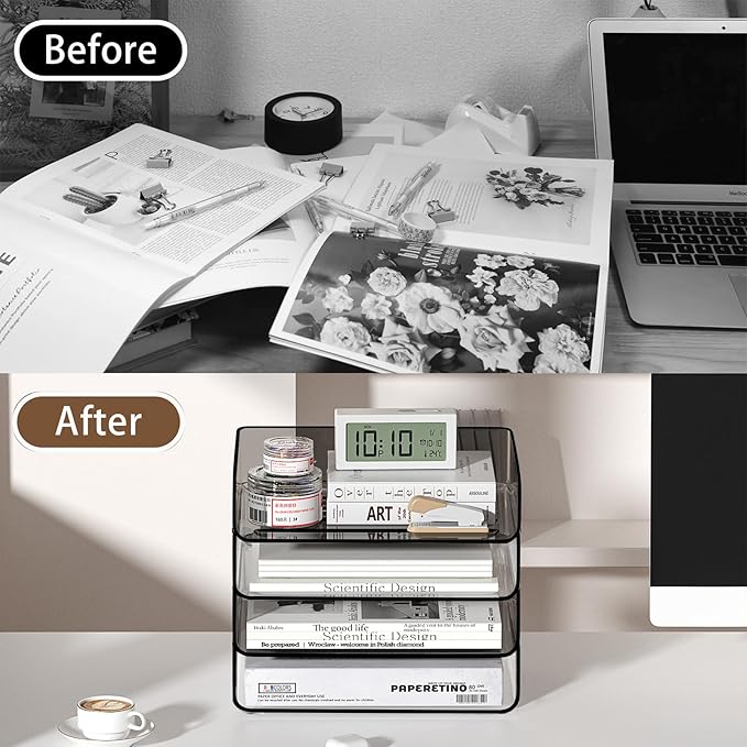 FANXIYQ 4-Tier Horizontal Acrylic Paper Tray Organizer | Clear Stackable Desk Organizer for Documents, Letters, A4 Paper | Modern Office/Classroom/Home Organization,Clear&Brown