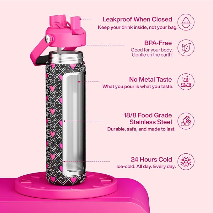 ENCOOL Insulated Water Bottle with Straw Stainless Steel Water Bottle, Leak-Proof, BPA-Free, Keeps Cold for 24 Hours for Sports, Travel, School (26 oz, Bold Hearts Ember x Black)