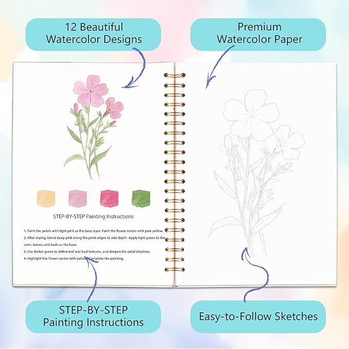 Easy Watercolor Workbook for Beginners - 12 Beautiful Step-by-Step Paintings Water Coloring Book, Includes 16 Watercolors Set, Relaxing Art Projects and Creative Gift for Adults & Teen (Flowers)