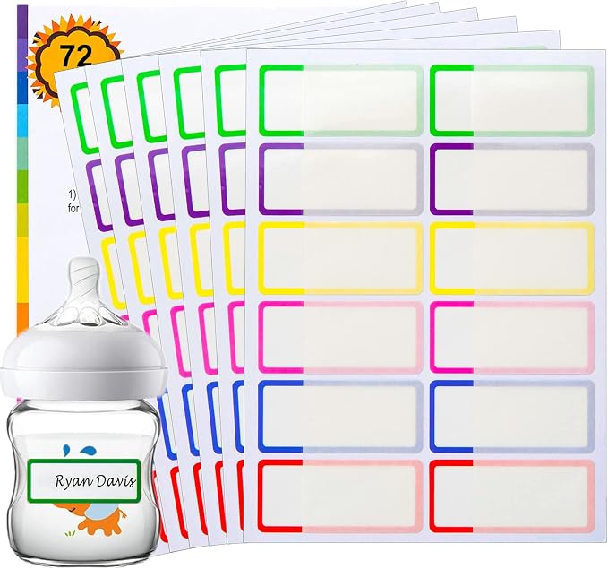 Name Labels for Kids Stuff School Supplies, 72 PCS Waterproof Baby Bottles Labels for Daycare Essentials, Kids Name Stickers Tags for Water Bottles, Lunch Boxes, Self Laminating, Dishwasher Safe