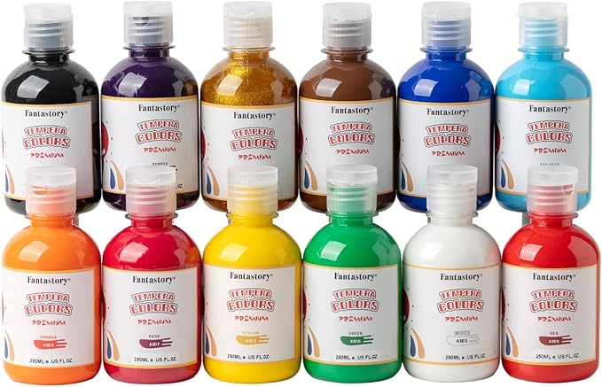 Fantastory Tempera Paint for Kids 12 Colors (8.4 oz Each) Washable Tempera Paint, Kids Poster Sponge Painting, Non-Toxic Finger Hand Bottles Gifts