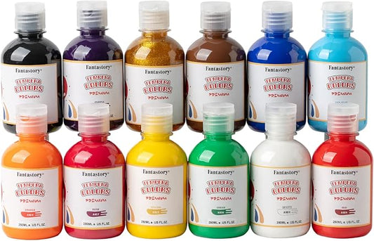 Fantastory Tempera Paint for Kids 12 Colors (8.4 oz Each) Washable Tempera Paint, Kids Poster Sponge Painting, Non-Toxic Finger Hand Bottles Gifts