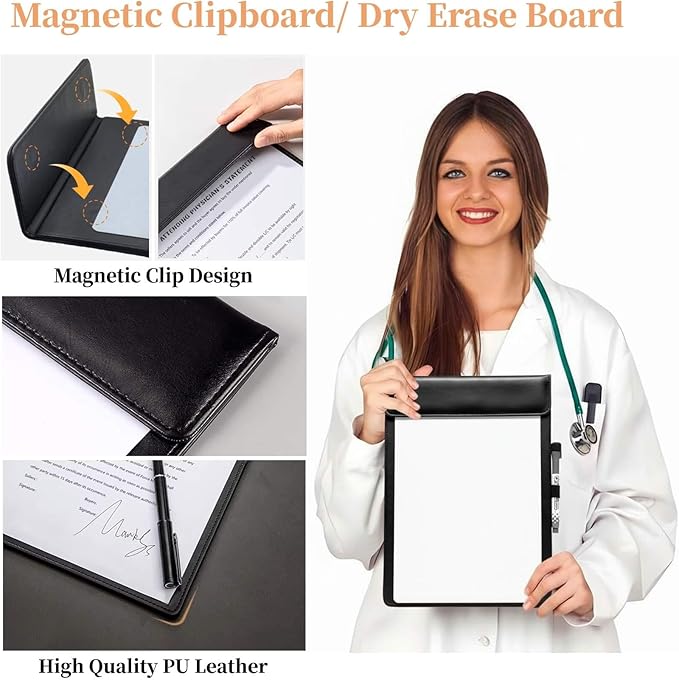 Magnetic Dry Erase Board with Clipboard,PU Leather Desktop Whiteboard for Office, Nursing School Essentials & Basketball Coaches,Small Dry Erase Board with Stand
