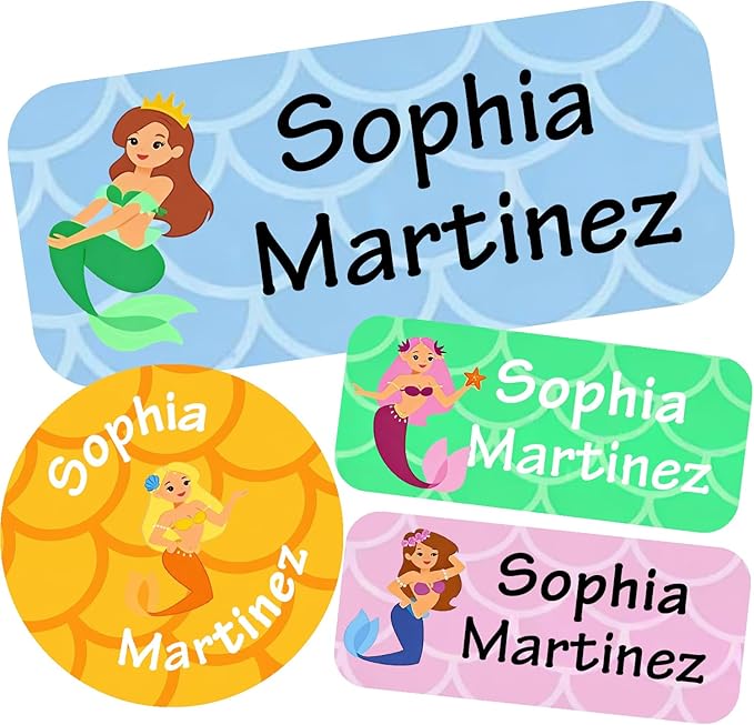 Waterproof Custom Name Stickers (135 Labels) - Personalized Daycare Labels for Clothing, Water Bottles, Lunch Boxes & School Supplies - Ideal for Camp & Daycare - No-Iron (Mermaid)