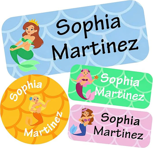 Waterproof Custom Name Stickers (135 Labels) - Personalized Daycare Labels for Clothing, Water Bottles, Lunch Boxes & School Supplies - Ideal for Camp & Daycare - No-Iron (Mermaid)
