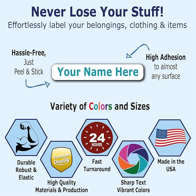 30 Long Personalized Waterproof Name Labels. Press and Stick Multi use Custom Name Labels. Customized Your Text and Color. ID Identification Name Stickers with Permanent Self Adhesive.