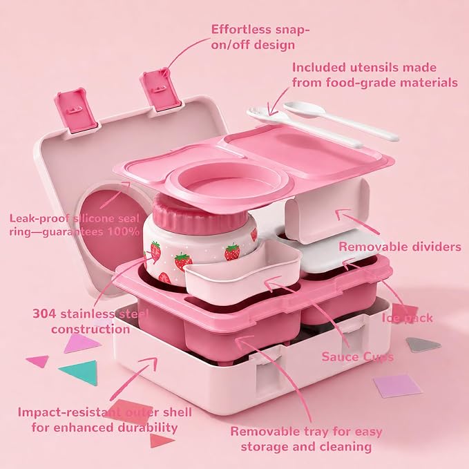 Kids Insulated Lunch Box with 8OZ Thermo Food Jar | Leakproof Bento Box with Ice Pack Sauce Cup Utensils Removable Tray & Dividers for School Daycare Travel, Strawberries