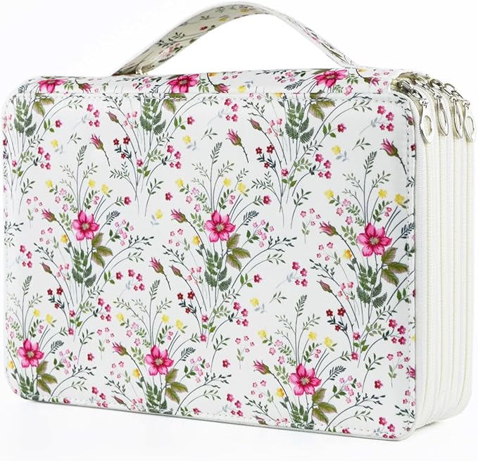 YOUNGCOL 200 Slots Colored Pencil Case Color Pencil Organizer Storage Large Capacity Pencil Case (White + Floral)
