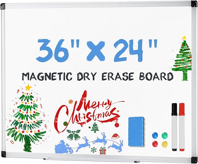 DUMOS Magnetic Whiteboard Kit for Wall 36" x 24", Dry Erase Board with 1 Dry Eraser & 2 Multicolor Markers & 4 Magnetic Pins, Sliver Reinforced Aluminum Frame for Home, School, Office