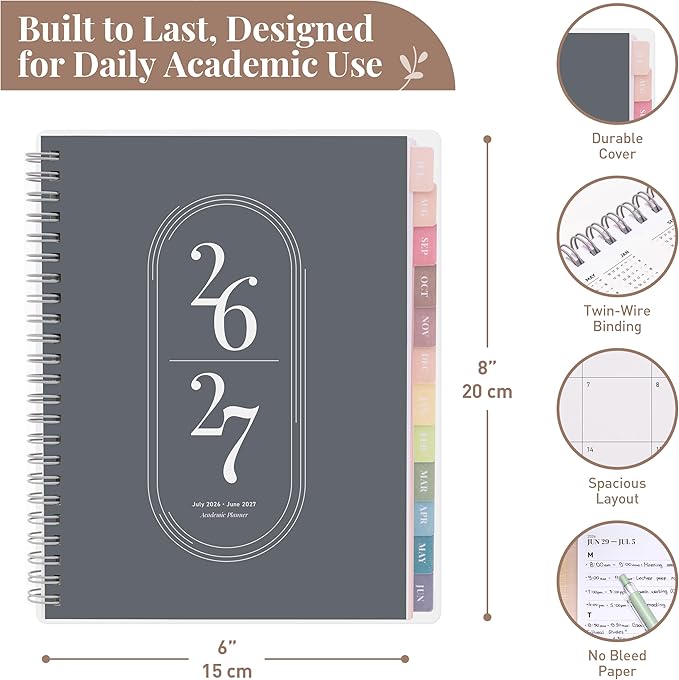 Rileys Academic Planner 2026-2027, Daily, Weekly & Monthly Planner, July 2026 - June 2027, Student Notes Pages, Twin-Wire Binding, Weekly Agenda for School & Work (8 x 6-Inches, Black)