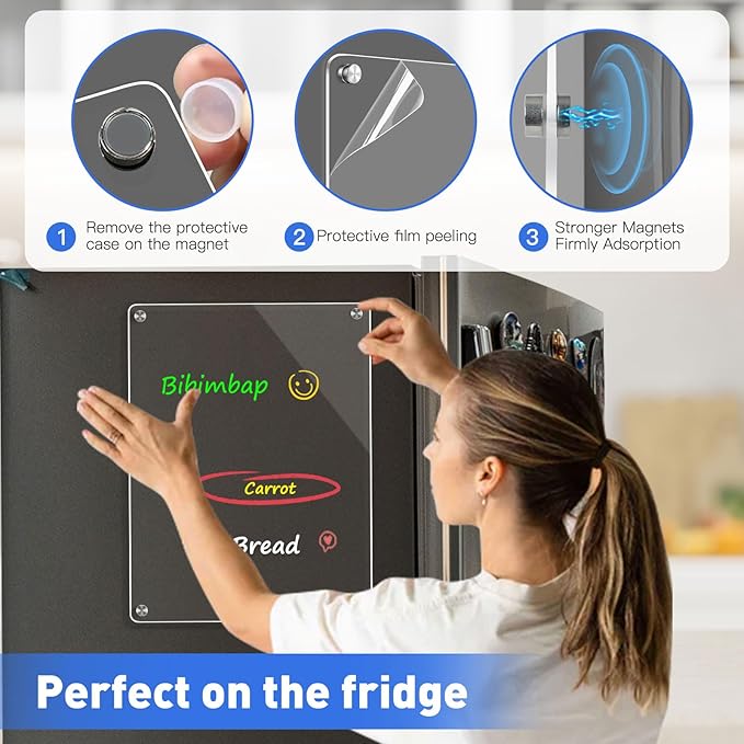 WALGLASS Fridge Acrylic Board, 11"x8" Clear Magnetic Planning Board, Dry Erase Board for Refrigerator, Fridge Planner, 6 Liquid Markers