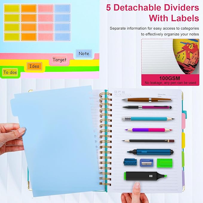 Hardcover Spiral Notebook 8.5"x11" Journal Notebook with Tabs and Removable Dividers 300 Pages 5 Subject Notebook College Ruled, Faux Leather Spiral Bound Notebook for Women School Work (Rose Red)