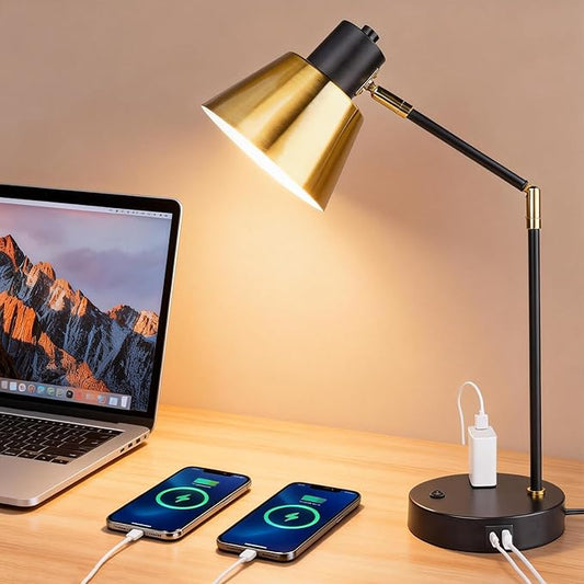 Modern Desk Lamp with USB & AC Outlet, Adjustable Industrial Table Lamp, Heavy Base, 270° Swivel, E26 Socket for A15/G45/T45 Bulbs, Bedside Lamp for Bedroom, Office, Living Room (Bulb Not Included)