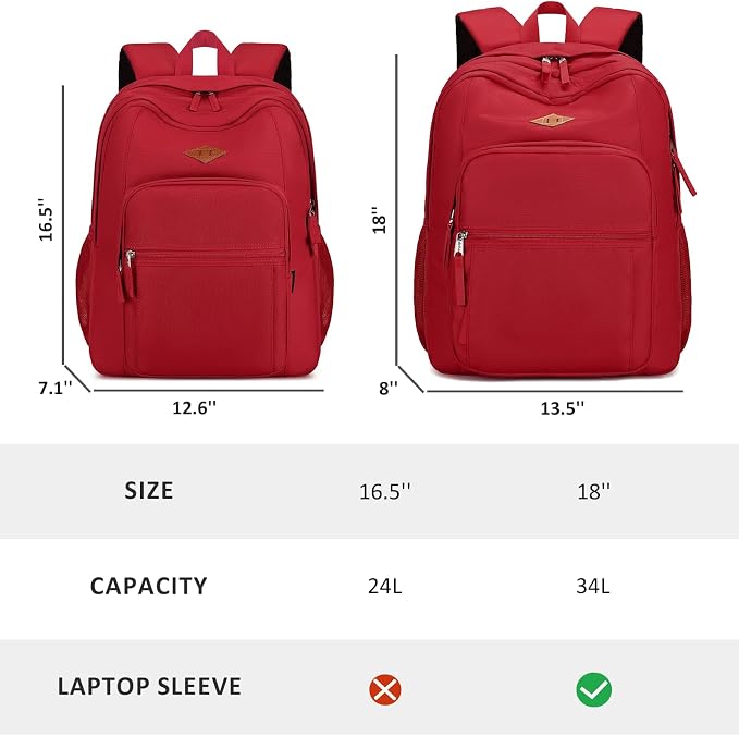 abshoo Girls Solid Color Backpack For College Women Water Resistant Large School Bag (Red)