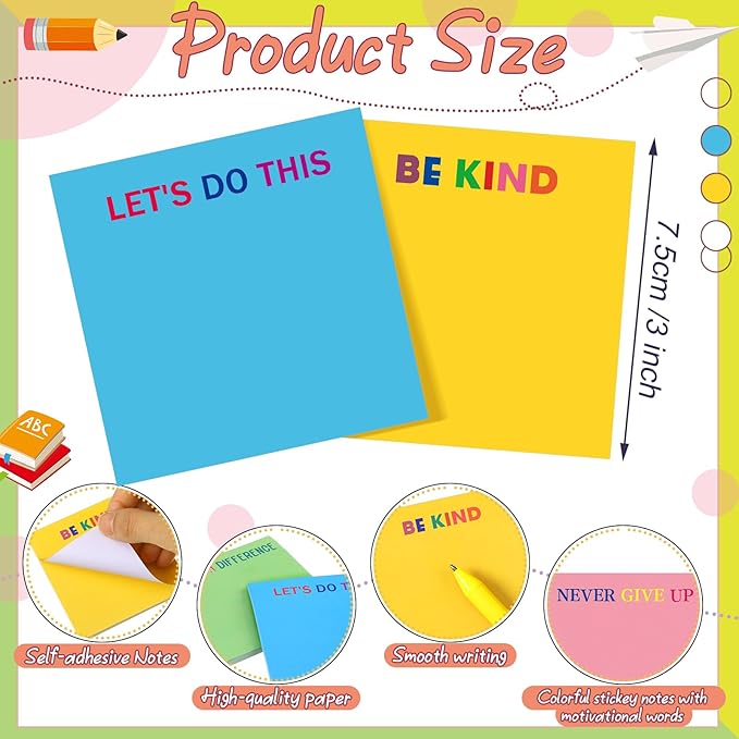 Yinder 24 Pcs Inspirational Sticky Notes Cute Motivational Sticky Notes Pad End of Year Employee Appreciation Gifts Bulk for Teacher Nurse Coworkers Office Supplies 3 x 3'' (Motivational,Bright Color)