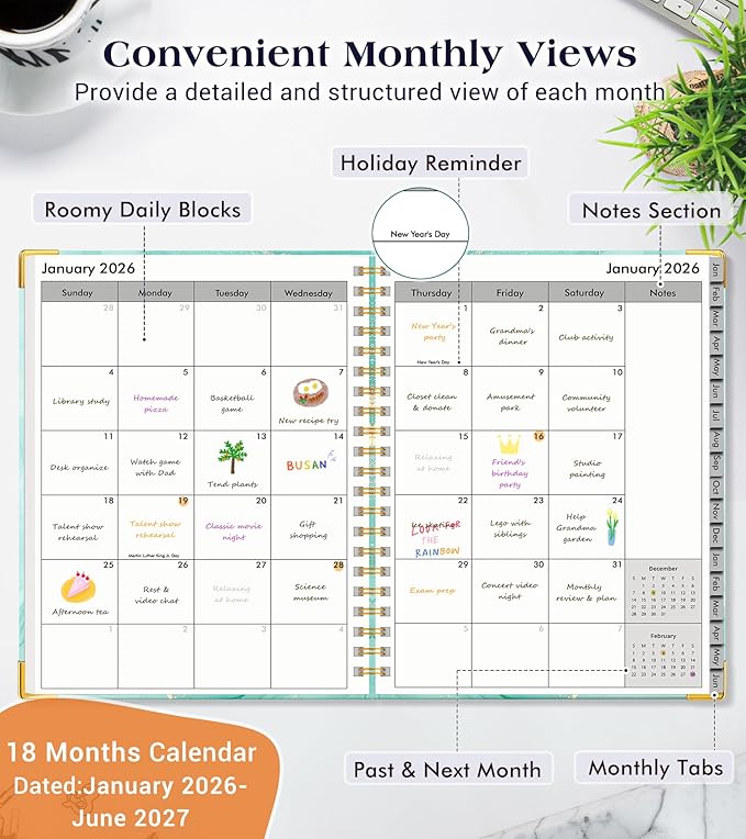 Planner 2026-2027, 18 Months Weekly and Monthly Hardcover Planner, January 2026 - June 2027, 5.75" x 8.38" A5 Daily Calendar Planner Book with Tabs, Spiral Yearly Agenda Organizer Notebook for School Work Home, Teal Marble
