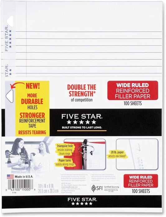 Five Star Loose Leaf Paper, Notebook Paper, Wide Ruled Filler Paper, Reinforced, 8 x 10.5, 100 Sheets (15000)