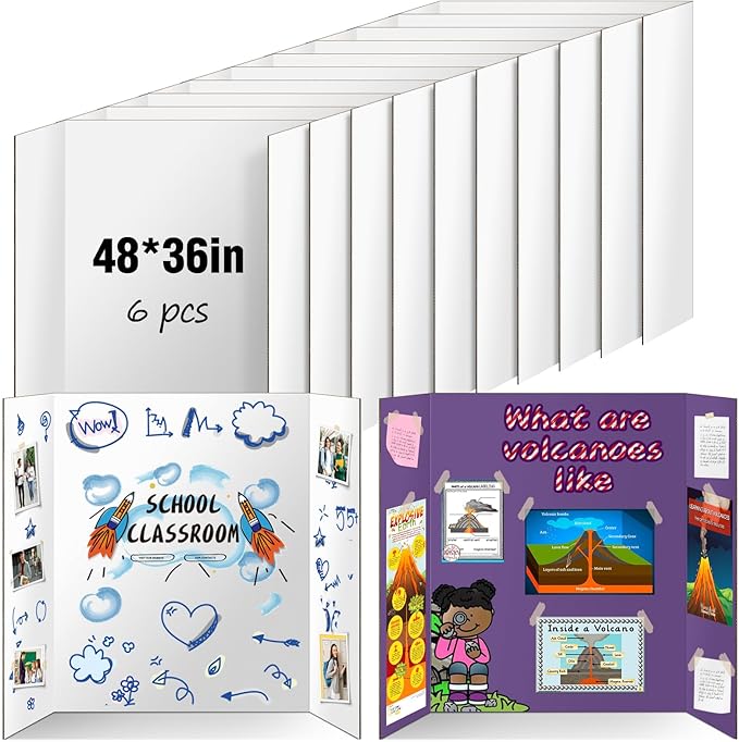 6 Pack Trifold Poster Board 48" X 36", IKAYAS Double Sided White Tri-fold Poster Boards, Science Fair Display Boards Posterboard for Mounting, Art, Display, Projects Classroom Supplies