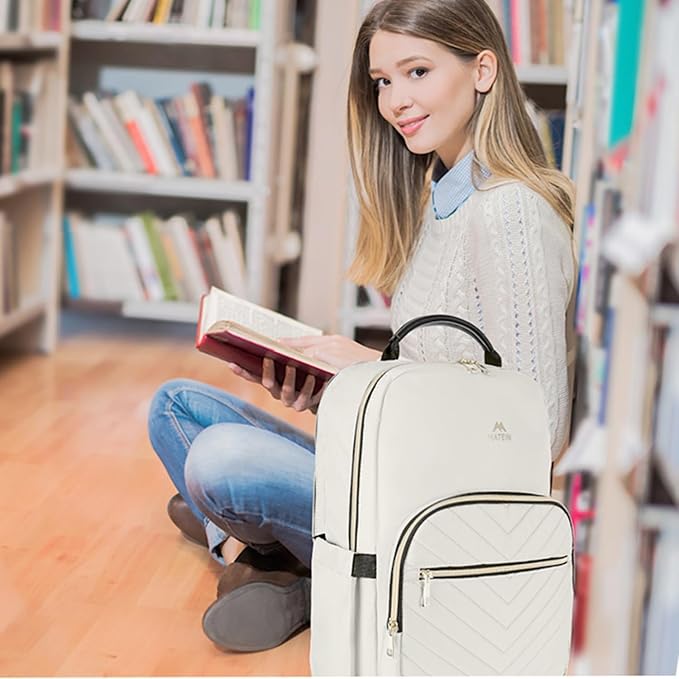 MATEIN Travel Laptop Backpack, Anti Theft Quilted Slim Backpacks for Women | Bookbag with Detachable Keychain Hook, Carry on Bags Purse, for Teacher Doctor Nurse, Fits 15.6 Inch Notebook, White