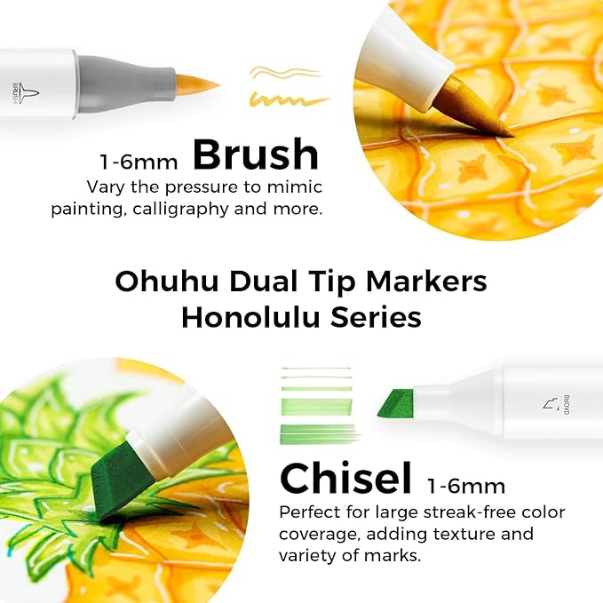 Ohuhu Alcohol Markers Brush and Chisel Tip: 48-Color Double Tipped Art Marker Set for Artist Adults Cozy Coloring Illustrations - Honolulu - Brush and Chisel Dual Tips- Refillable - AP Certificated