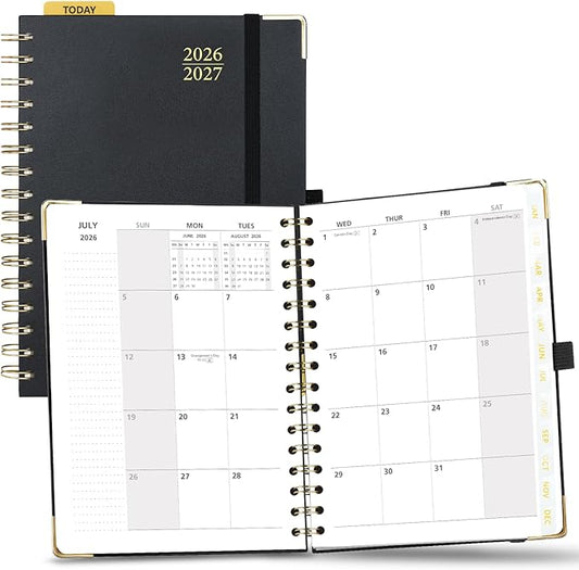 POPRUN Monthly Planner 2026-2027 Spiral Hardcover (6.25'' x 8.5''), 18 Months Calendar (Jan.2026-Jun.2027) - 2 Pages per Month with Dotted Note Pages, Sunday Start, Laminated Tab - Black