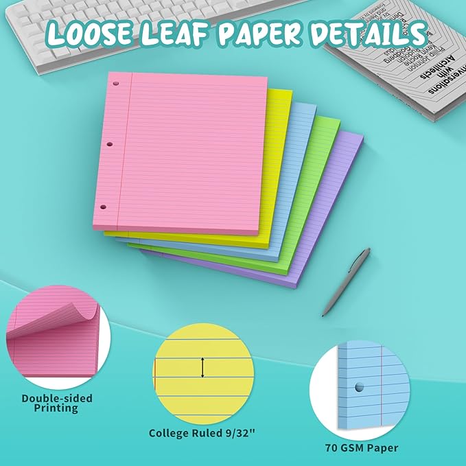 600 Sheets Loose Leaf Paper 8 x 10.5, 5 Colors Lined Paper College Ruled, 3 Ring Binder Paper 120 Sheets/Colors, 3 Hole Punched Notebook Paper 8 x 10.5, Colored Filler Paper for Office, School, Home