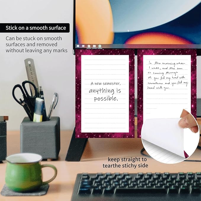 2 Pack Lined Sticky Notes 4x6 in, Cute Self-Stick Notepads with Lines, Large Memo Pads Strong Adhesive for Office, Home Pink Glitter Pattern